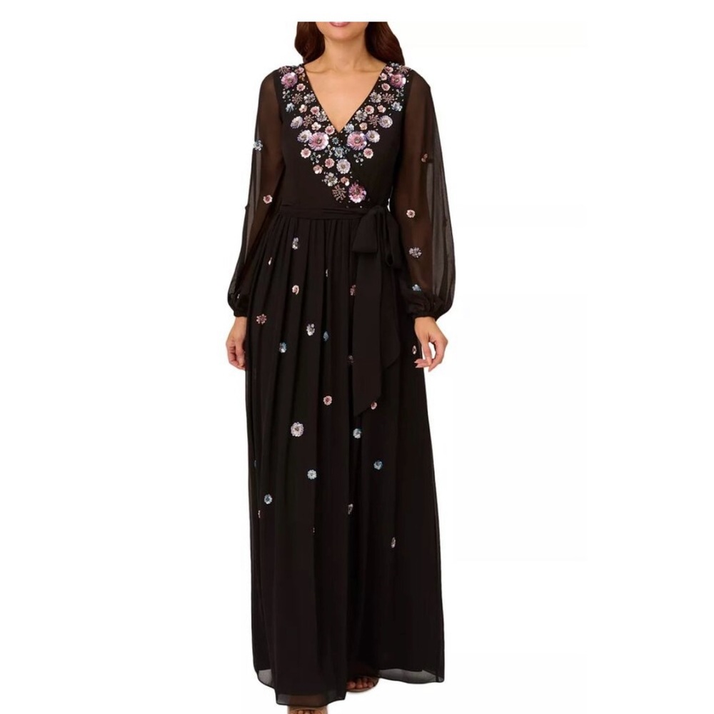 ADRIANNA PAPELL Black FLoral Embellished V-Neck Sequin Gown 8 NWT